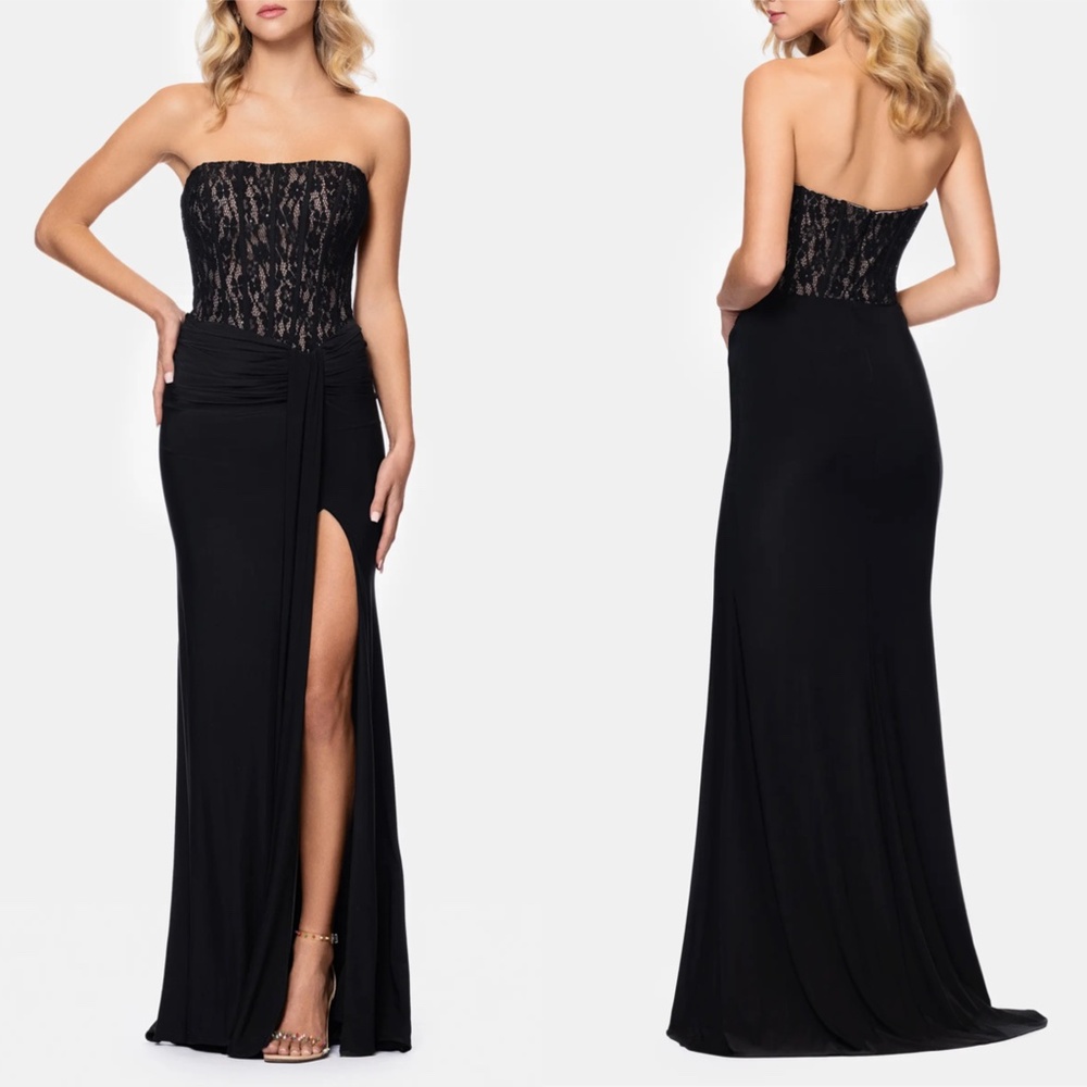 NEW BETSY & ADAM Black SEQUIN LACE Bustier Bodice STRAPLESS Draped SLIT GOWN 4